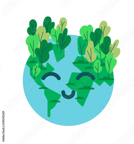 Happy planet earth emoticon with green tree