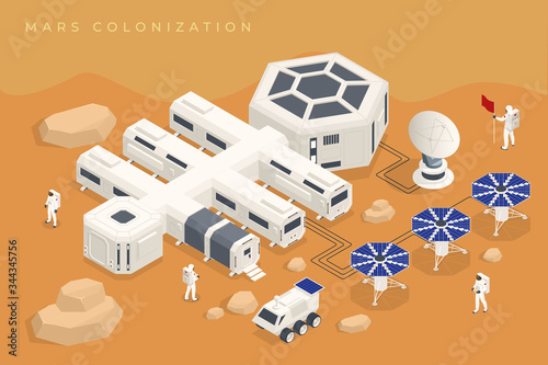Isometric Mars Colonization, Biological terraforming, Paraterraforming, Adapting humans on Mars. Astronautics, space technology. Communication Center with Residential Compartments, Base Infrastructure
