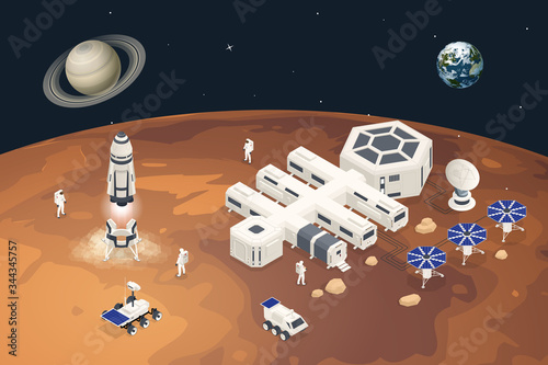 Isometric Mars Colonization, Biological terraforming, Paraterraforming, Adapting humans on Mars. Astronautics, space technology. Communication Center with Residential Compartments, Base Infrastructure