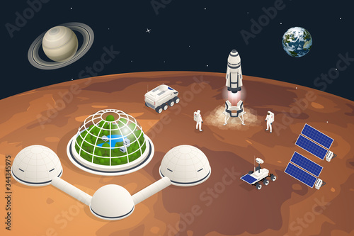 Isometric Mars Colonization, Biological terraforming, Paraterraforming, Adapting humans on Mars. Astronautics, space technology. Communication Center with Residential Compartments, Base Infrastructure