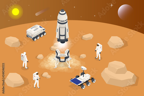 Isometric rocket take-off or landing on Mars. Mars Colonization, Biological terraforming, Paraterraforming, Adapting humans on Mars. Astronautics and space technology.