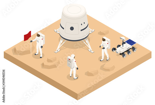 Isometric rocket take-off or landing on Mars. Mars Colonization, Biological terraforming, Paraterraforming, Adapting humans on Mars. Astronautics and space technology.