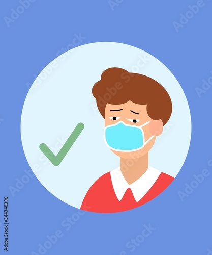 Masked man during a pandemic. The quarantined person follows security measures. Bandage icon for infection. Coronovirus prophylactic sign.