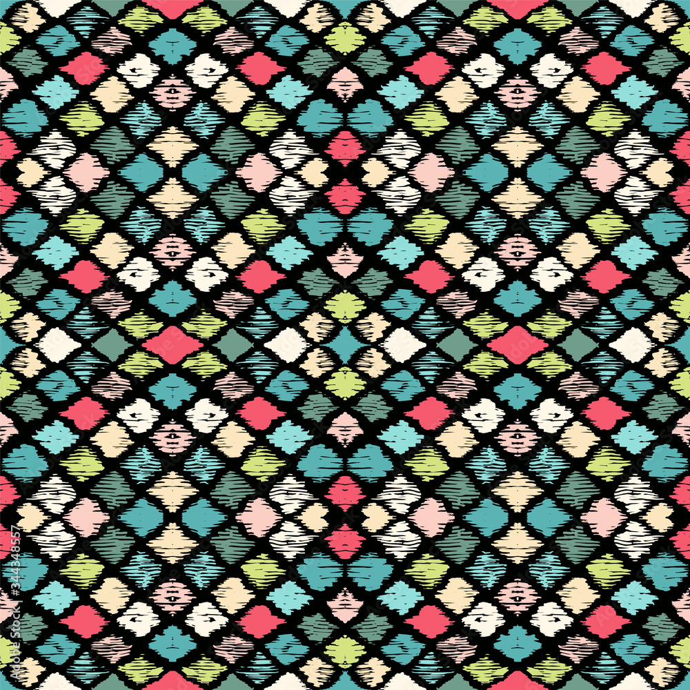 Ikat geometric folklore ornament with diamonds. Tribal ethnic vector texture. Seamless striped pattern in Aztec style. Folk embroidery. Indian, Scandinavian, Gypsy, Mexican, African rug.