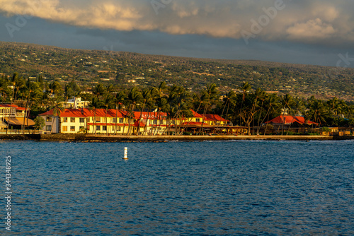 The historic Kona Inn from Kailua Bay in Kona Hawaii circa 2019.