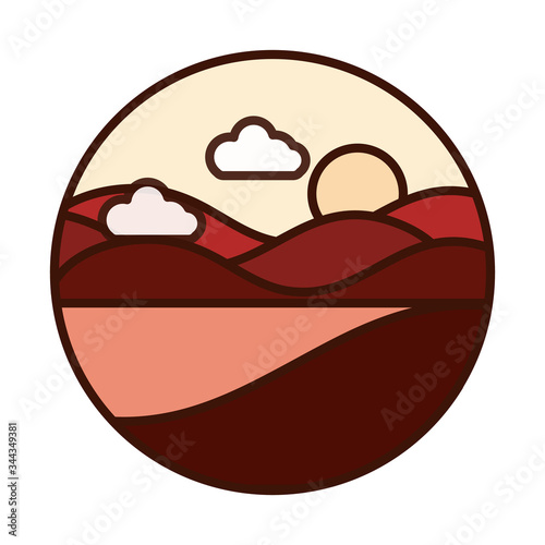 landscape nature mountain slopes sun sky line and fill icon
