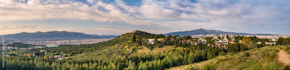 Panoramic view of the Filothei Hill and grove at Galatsi Municipality, Athens, Greece.