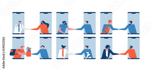 Online worker people service set on phone app
