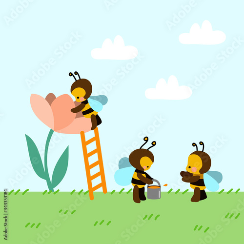 Cute working bees carry honey bucket illustration