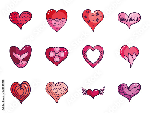 cute hearts icon set, line color style