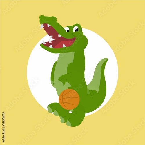 Illustration of Crocodile Playing Basketball While Smiling Cartoon, Cute Funny Character, Flat Design © Arya