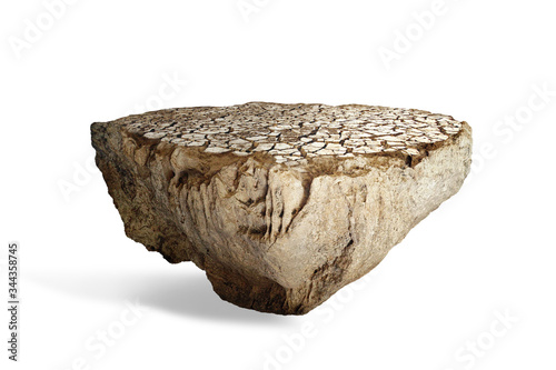 Fantasy floating island with cracking mud surface isolated on white background, surreal flying island with dry soil ground 3D illustration