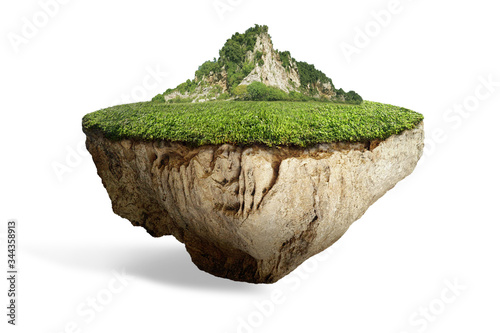 fantasy floating island with natural grass field on the rock, surreal float landscape with paradise concept