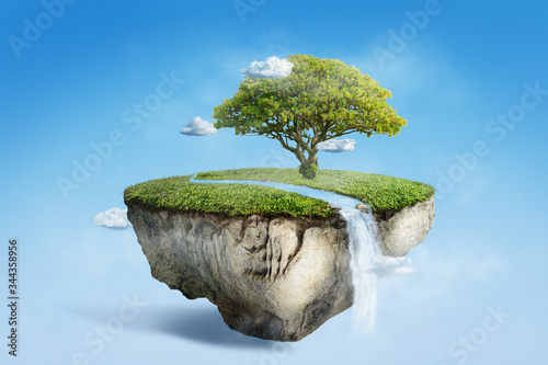 fantasy floating island with river stream on green grass with tree, surreal float landscape with waterfall paradise concept on blue sky cloud 3d illustration