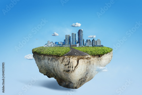 Valokuva Amazing floating island with cityscape and rural road, 3D float rock and grass w