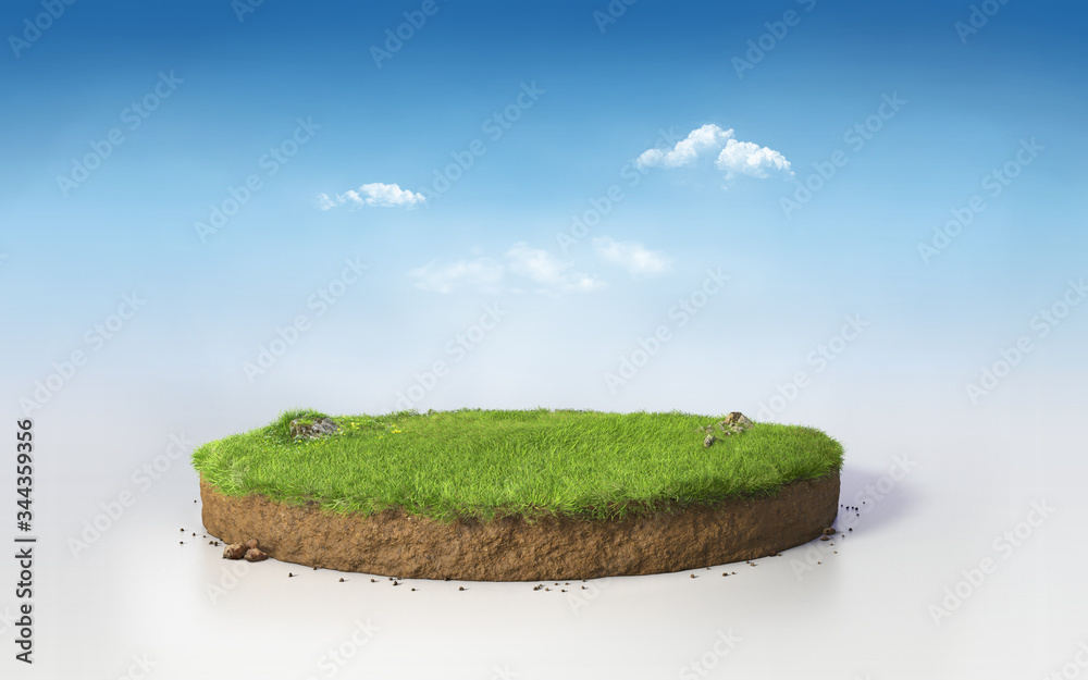 Obraz Fantasy 3D rendering circle podium grass field, paradise 3D Illustration round soil mockup cross section isolated on blue sunny afternoon