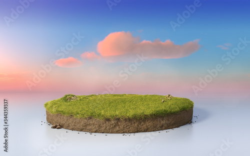 Fantasy 3D rendering circle podium grass field, paradise 3D Illustration round soil mockup cross section isolated on surreal purple sunset sky