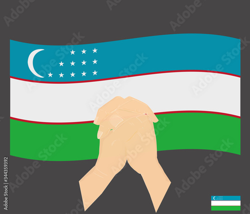 Praying hands with Uzbekistan National Flag, Pray for Uzbekistan, Save uzbek People concept, cartoon graphic, sign symbol background, vector illustration.
