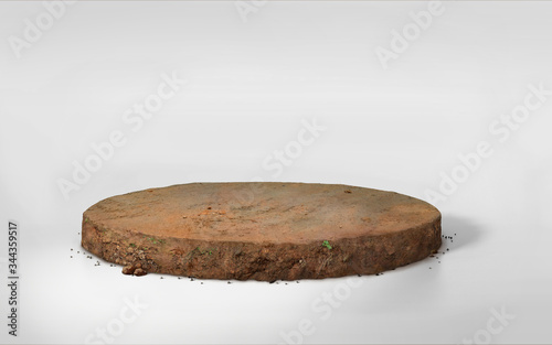 realistic 3D Illustration circle soil ground cross section with earth land on white, 3D rendering round cutaway terrain floor with rock isolated photo