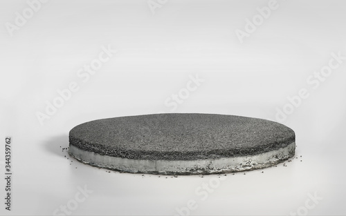 3D rendering asphalt road on circle layered concrete cross section , realistic 3D cement round cutaway with tar road isolated on white bg