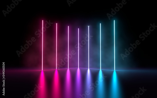 3d illustration of vertical glowing neon light, virtual reality vibrant purple cyan spectrum laser show, abstract fluorescent background