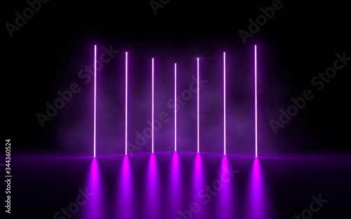 3d illustration of vertical glowing neon light, virtual reality vibrant ultraviolet spectrum laser show, abstract fluorescent background