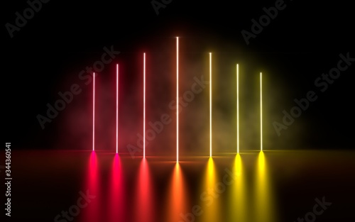 3d rendering of vertical glowing lines, neon lights virtual reality, vibrant red and yellow spectrum laser show, abstract fluorescent background
