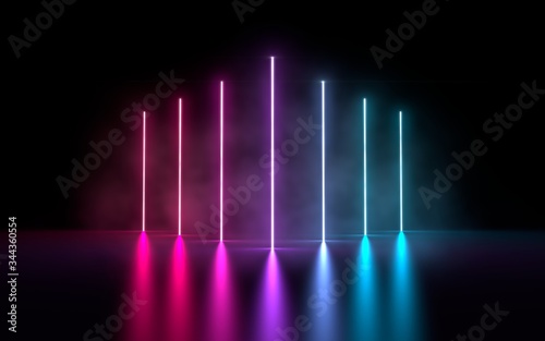 3d illustration of vertical glowing neon light, virtual reality vibrant purple cyan spectrum laser show, abstract fluorescent background