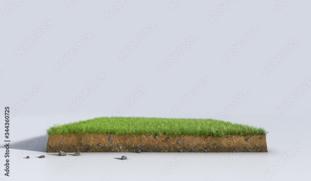 3D Illustration soil ground cross section with earth land and green grass, realistic 3D rendering cutaway terrain floor with rock isolated 3D Illustration soil ground cross section with earth land and green grass, realistic 3D rendering cutaway terrain floor with rock isolated