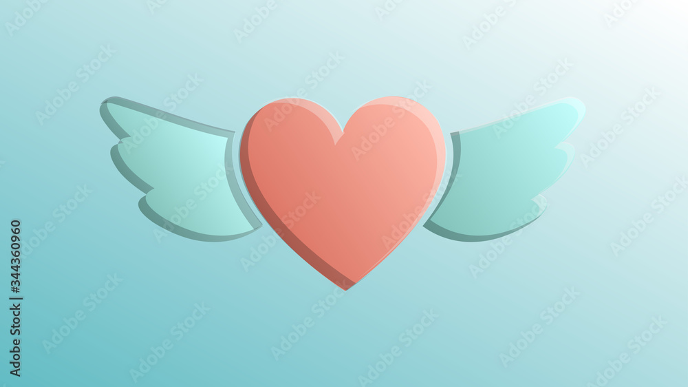 Beautiful festive red love joyful heart with wings for a greeting card to the day of all lovers, Valentine's Day on a blue background