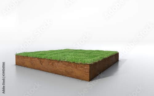 cubical soil land geology cross section with green grass, 3D Illustration earth mud ecology cut away isolated