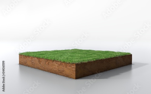 Fototapeta Naklejka Na Ścianę i Meble -  cubical soil land geology cross section with green grass, 3D Illustration earth mud ecology cut away isolated