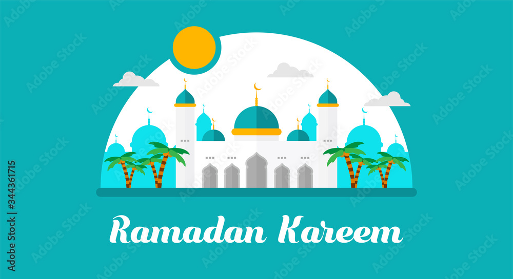 Ramadan Kareem. Mosque flat style on color  background. Month of Ramadan. Eid mubarak islamic Vector illustration
