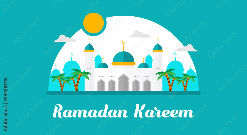 Ramadan Kareem. Mosque flat style on color background. Month of Ramadan. Eid mubarak islamic Vector illustration Ramadan Kareem. Mosque flat style on color background. Month of Ramadan. Eid mubarak islamic Vector illustration