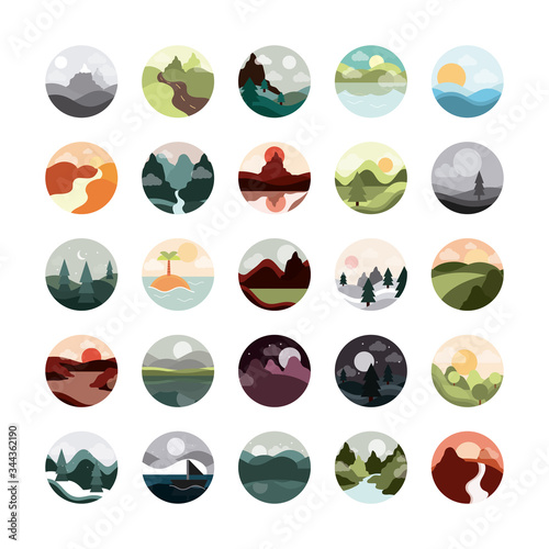 landscape nature mountains ocean and forest in circle icons set flat style icon