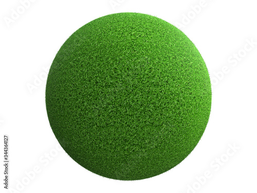 fantasy globe planet with green grass isolated on white, surreal float sphere grass 360 paradise concept 3d illustration