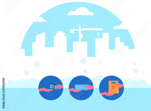 Set icon about hand give money, surgical hygiene mask, food with covid-19 outbreak on cityscape
background
