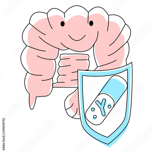 Vector flat illustration abstract happy intestine that is protected by shield with medical capsule. Concept  maintaining normal bacterial flora of body, treatment probiotics, dysbiosis.