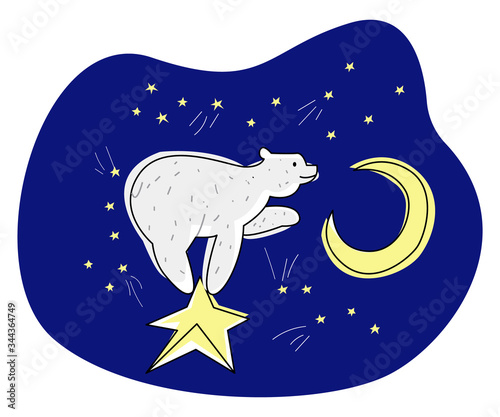 Vector flat illustration with abstract bear in starry sky, which stretches its paw to moon. Concept astrology, astronomy, etc. Lines, color are used.