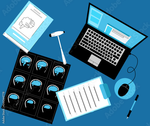 Vector flat illustration neurologist s Desk, workplace, top view. Here is film, MRI scan, medical books on neurology, hammer, laptop with electronic chart of patient, documents.