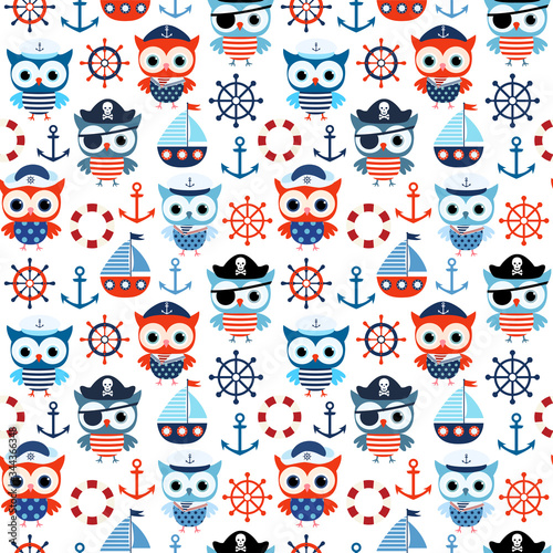 Seamless vector nautical pattern with cute sailor and pirate owls and boats in red and blue for summer backgrounds and clothing for kids