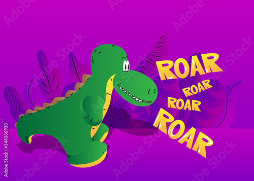 Cute Tyrannosaurus Rex on purple background with plants, abstract leafs. Vector illustration.
