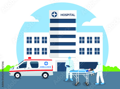 Medical staff wear protection suite moving patient under investigation out of ambulance car in front off hospital for treatment, Help and control patient infected coronavirus or covid-19