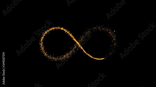 Seamless looping infinity symbol. Endless Infinity logo with flowing golden dust and particles.