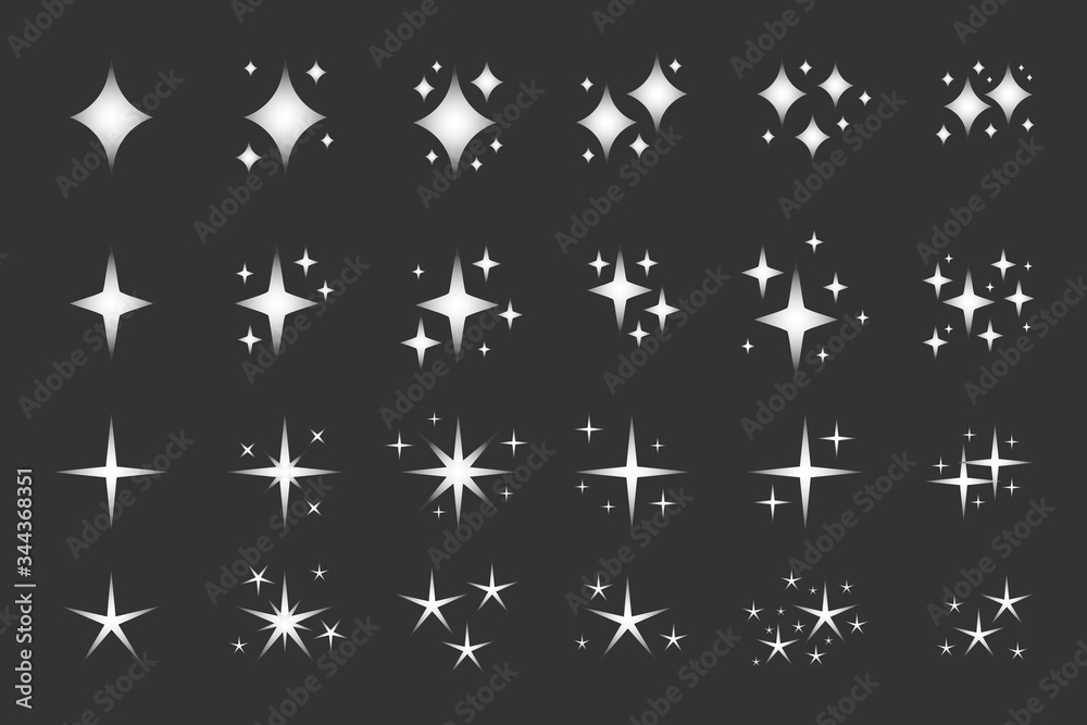 Silver sparkles icons set. Star ray elegant twinkle shape. Original decorative element. Sparkle lights stars, glitter flare magic glowing light effect for any design logo. Isolated vector illustration