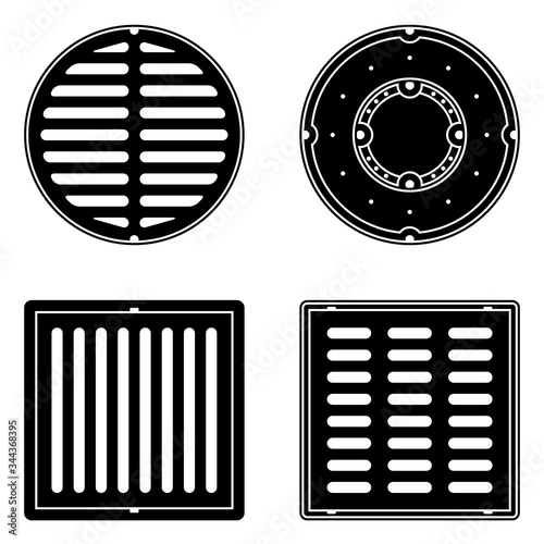 A set of vector sewer covers isolated on a white background. Can represent sewage, maintenance, city services, sanitation, a manhole cover, a drain, a restroom, and sewers.