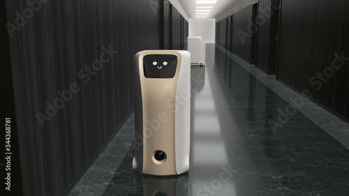 Delivery robot delivering parcel in hotel. Touchless delivery concept.  3D rendering animation.