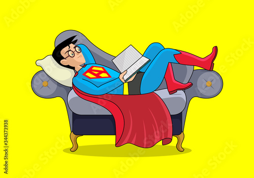 Relaxed superhero at home reading book on a sofa. A comic book cartoon character. Stay at home relaxing during corona virus outbreak concept poster template or banner. Be a super hero.