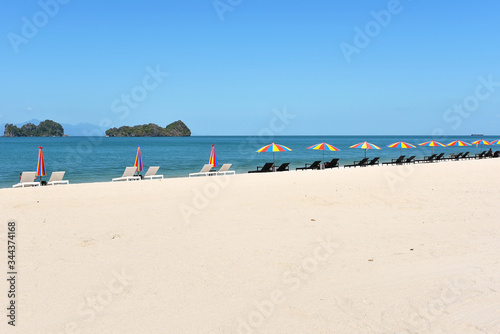 Tanjung rhu beach, Langkawi island Malaysia. Beautiful beach over the bkue sky background.
