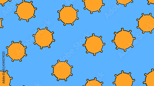 Endless seamless pattern of yellow dangerous infectious deadly respiratory coronaviruses pandemic epidemic, Covid-19 microbe viruses causing pneumonia on a blue background